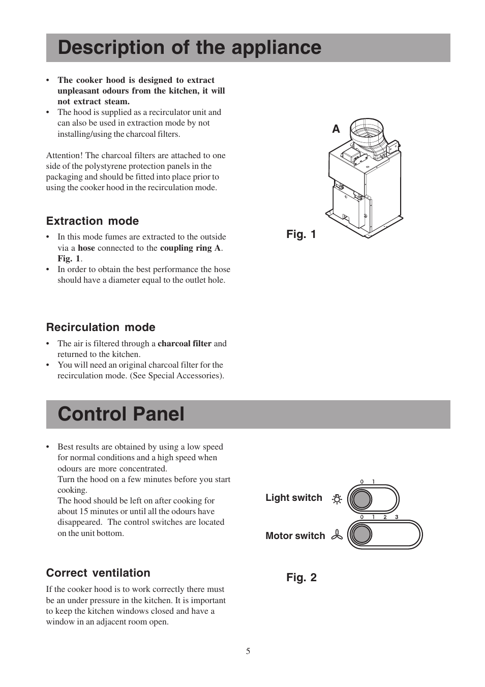 Description of the appliance, Control panel | Zanussi ZHC 955 User Manual | Page 5 / 16