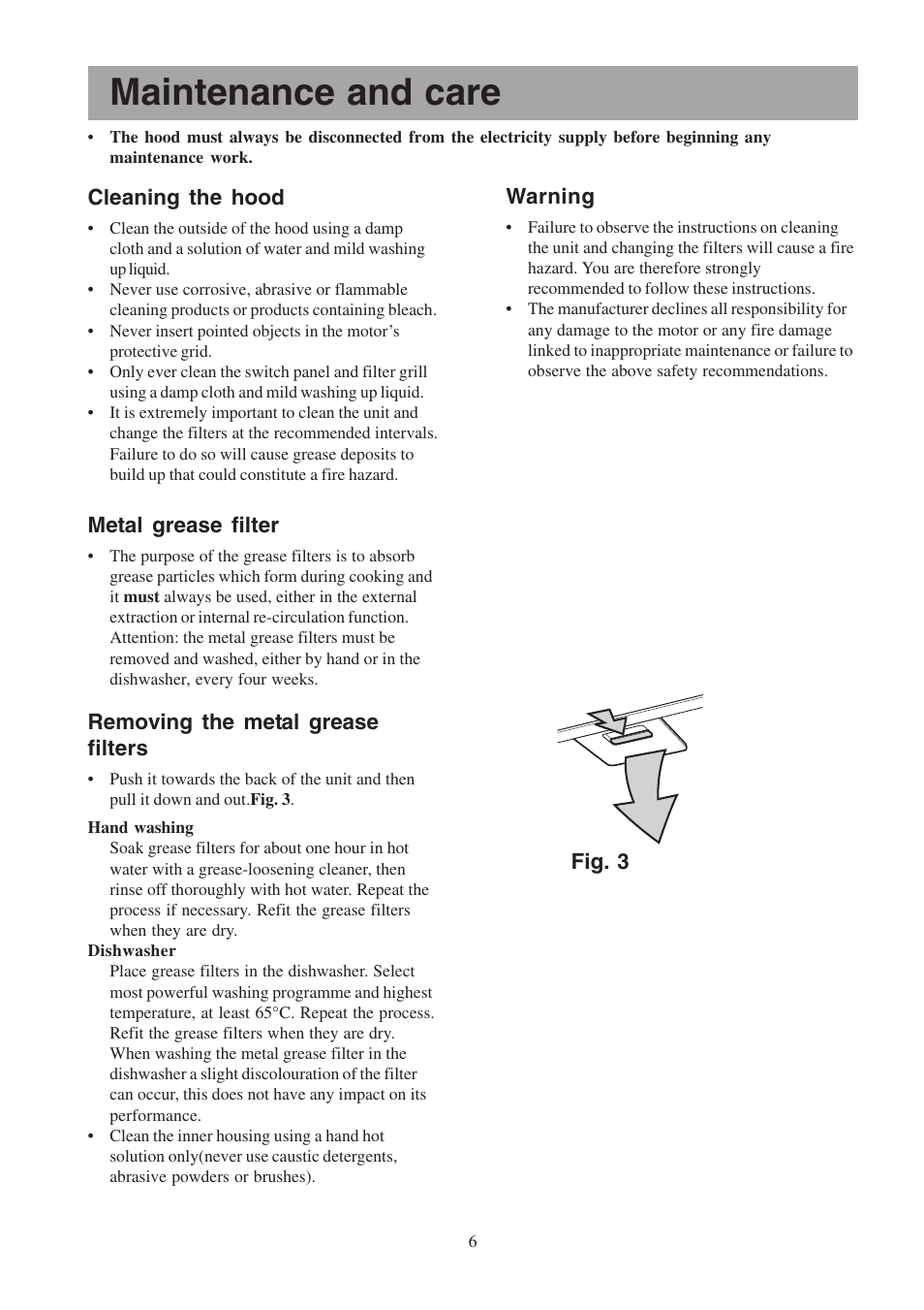 Maintenance and care, Cleaning the hood, Metal grease filter | Removing the metal grease filters, Warning, Fig. 3 | Zanussi ZHC 955 User Manual | Page 6 / 16