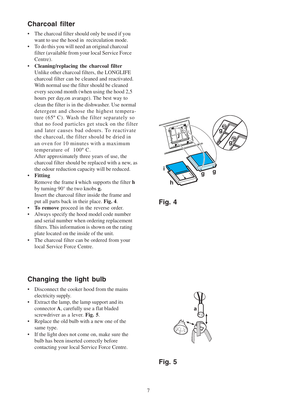 Charcoal filter, Changing the light bulb, Fig. 4 | Fig. 5 | Zanussi ZHC 955 User Manual | Page 7 / 16