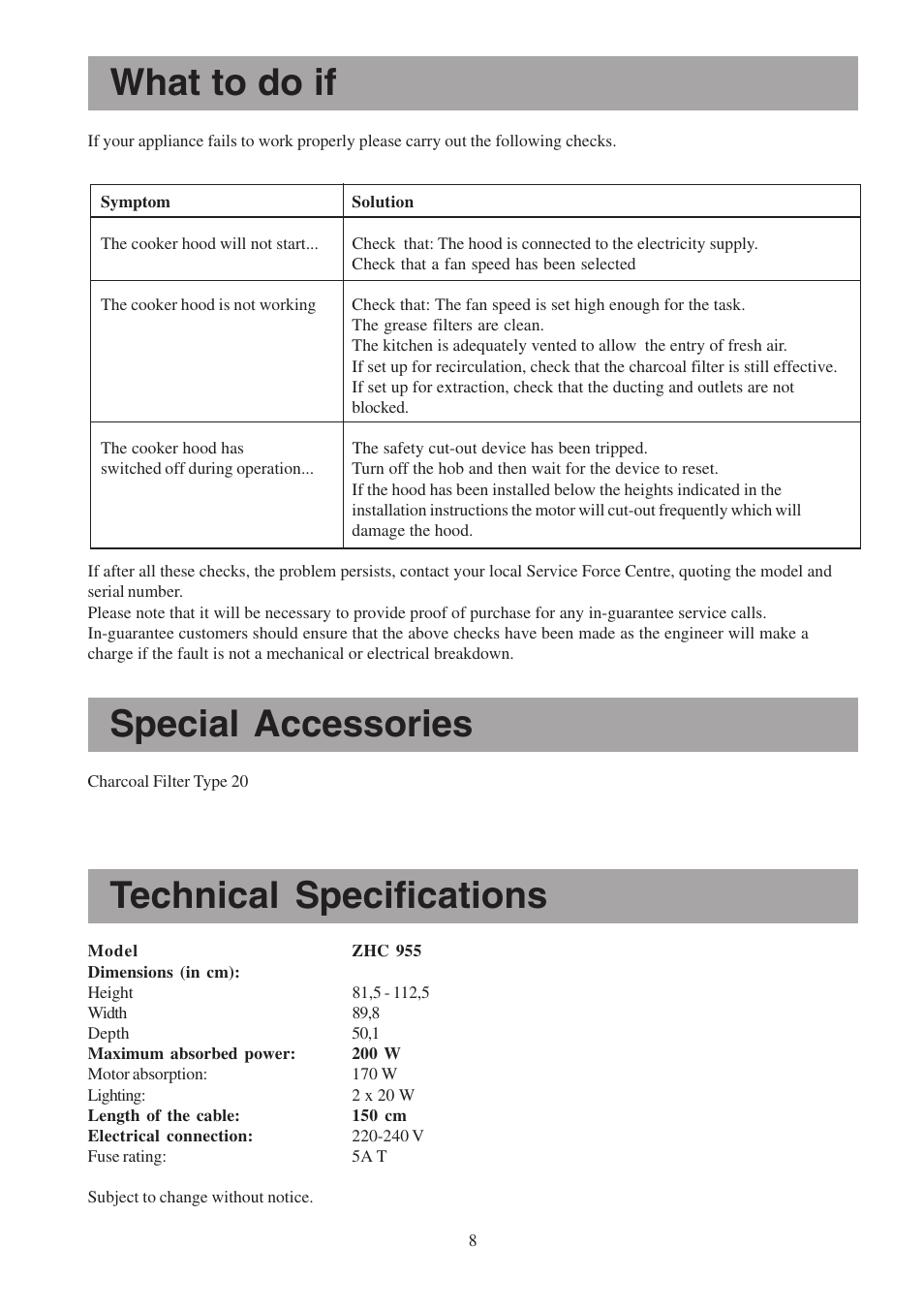 Technical specifications, What to do if, Special accessories | Zanussi ZHC 955 User Manual | Page 8 / 16