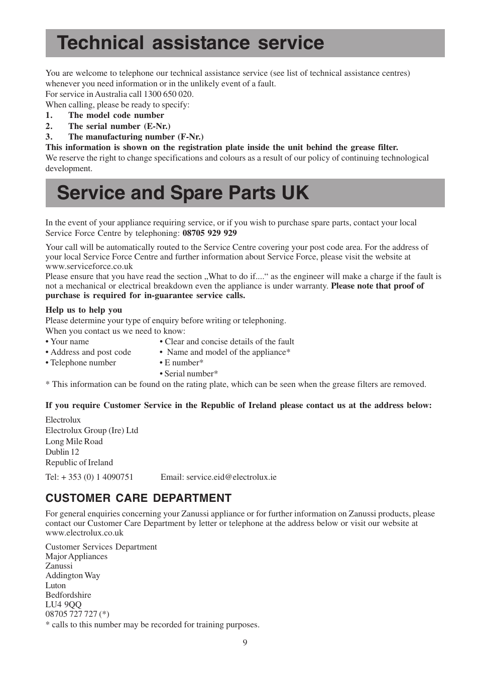 Technical assistance service, Service and spare parts uk | Zanussi ZHC 955 User Manual | Page 9 / 16