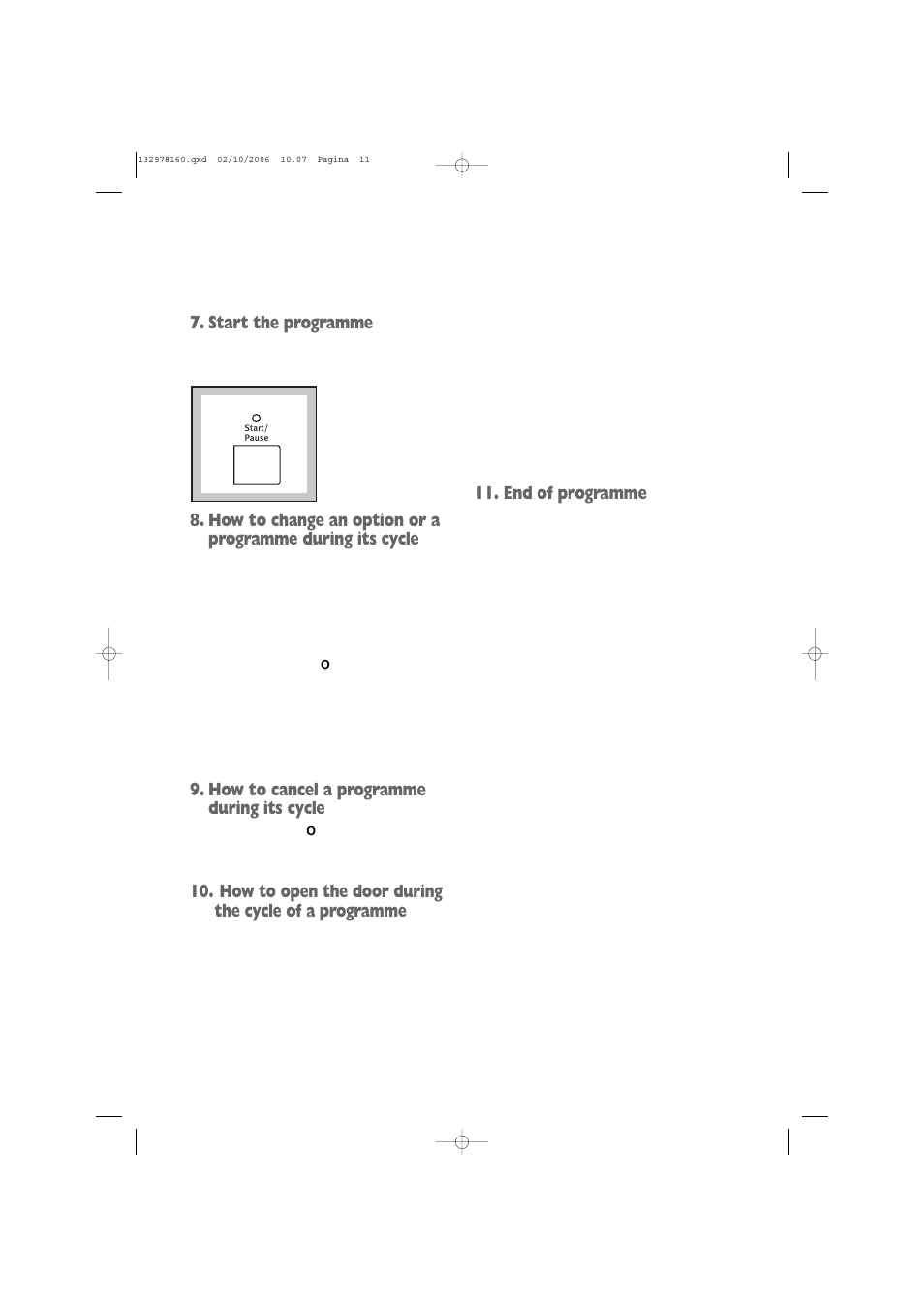 Start the programme, How to cancel a programme during its cycle, End of programme | Zanussi ZWD 1662 W User Manual | Page 11 / 30