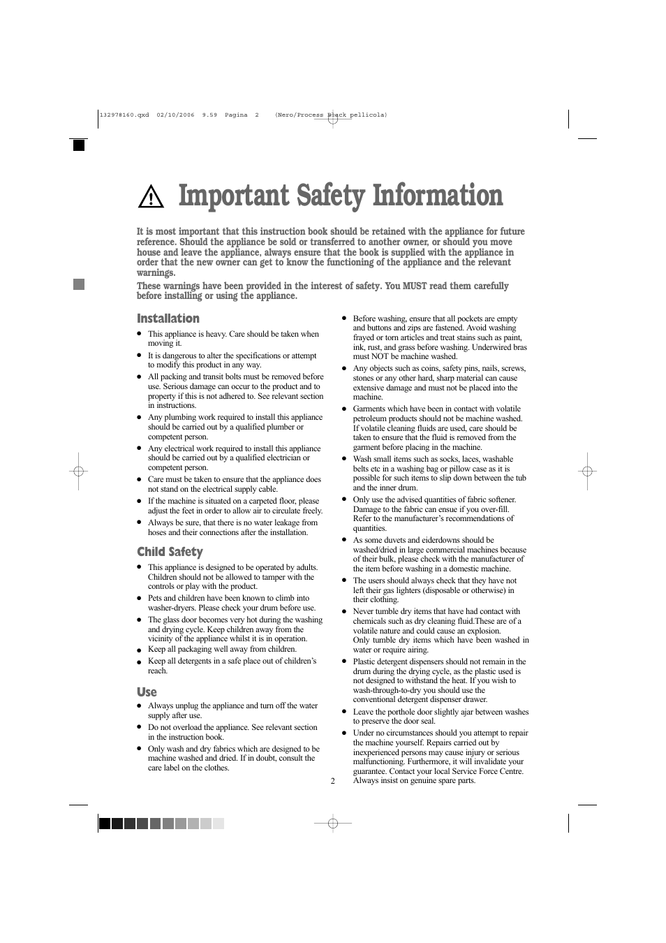 Important safety information, Installation, Child safety | Zanussi ZWD 1662 W User Manual | Page 2 / 30