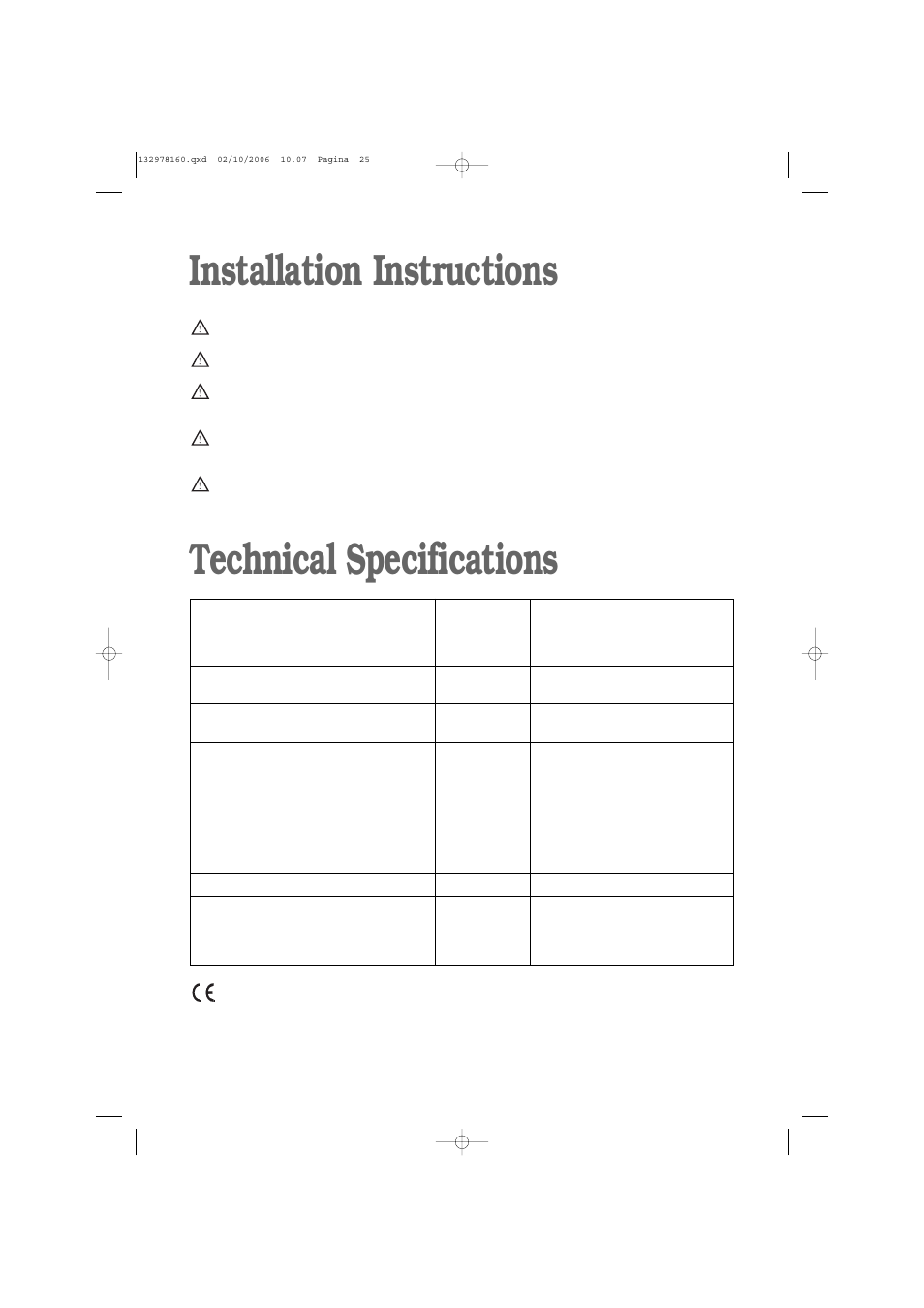 Installation instructions technical specifications | Zanussi ZWD 1662 W User Manual | Page 25 / 30