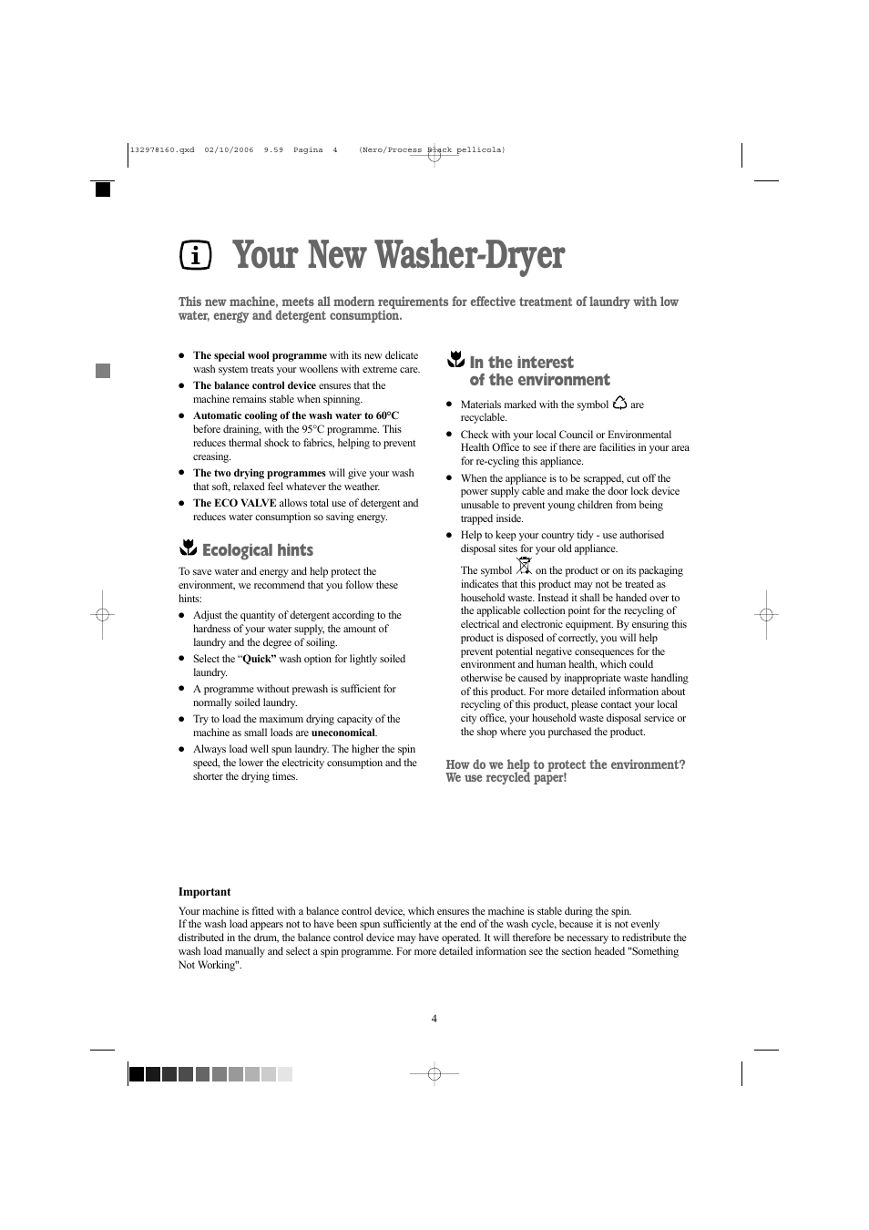 Your new washer-dryer, Ecological hints | Zanussi ZWD 1662 W User Manual | Page 4 / 30
