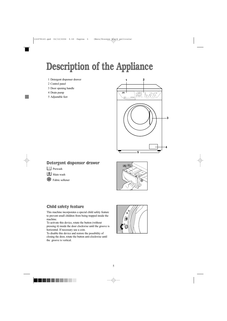 Description of the appliance, Detergent dispenser drawer, Child safety feature | Zanussi ZWD 1662 W User Manual | Page 5 / 30