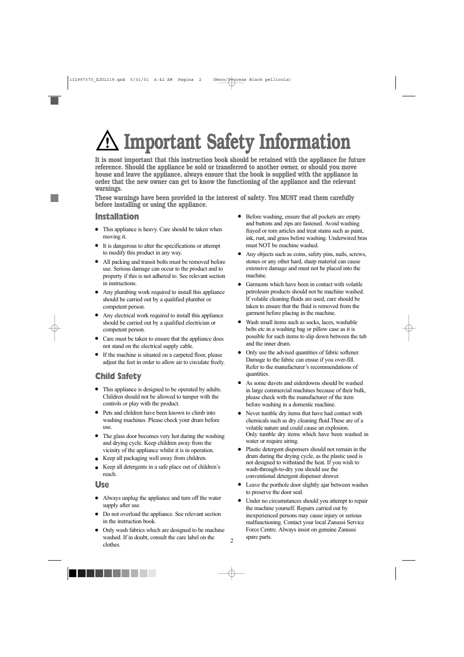 Important safety information, Installation, Child safety | Zanussi ZJD1219 User Manual | Page 2 / 34