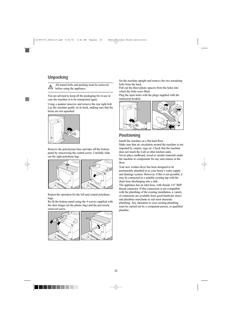 Unpacking, Positioning | Zanussi ZJD1219 User Manual | Page 28 / 34