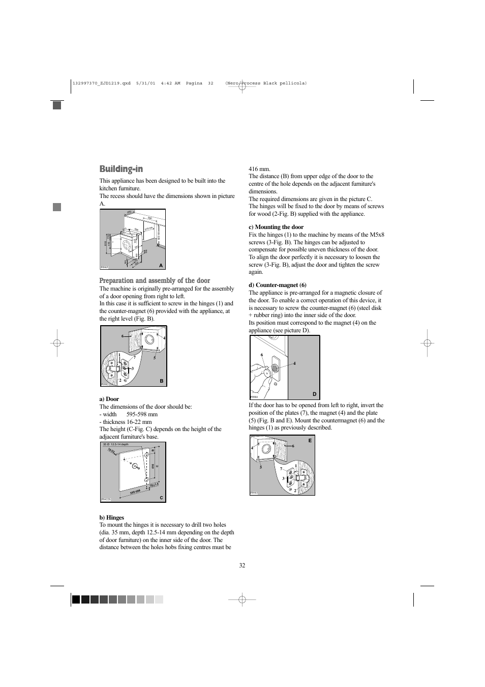 Building-in, Preparation and assembly of the door | Zanussi ZJD1219 User Manual | Page 32 / 34