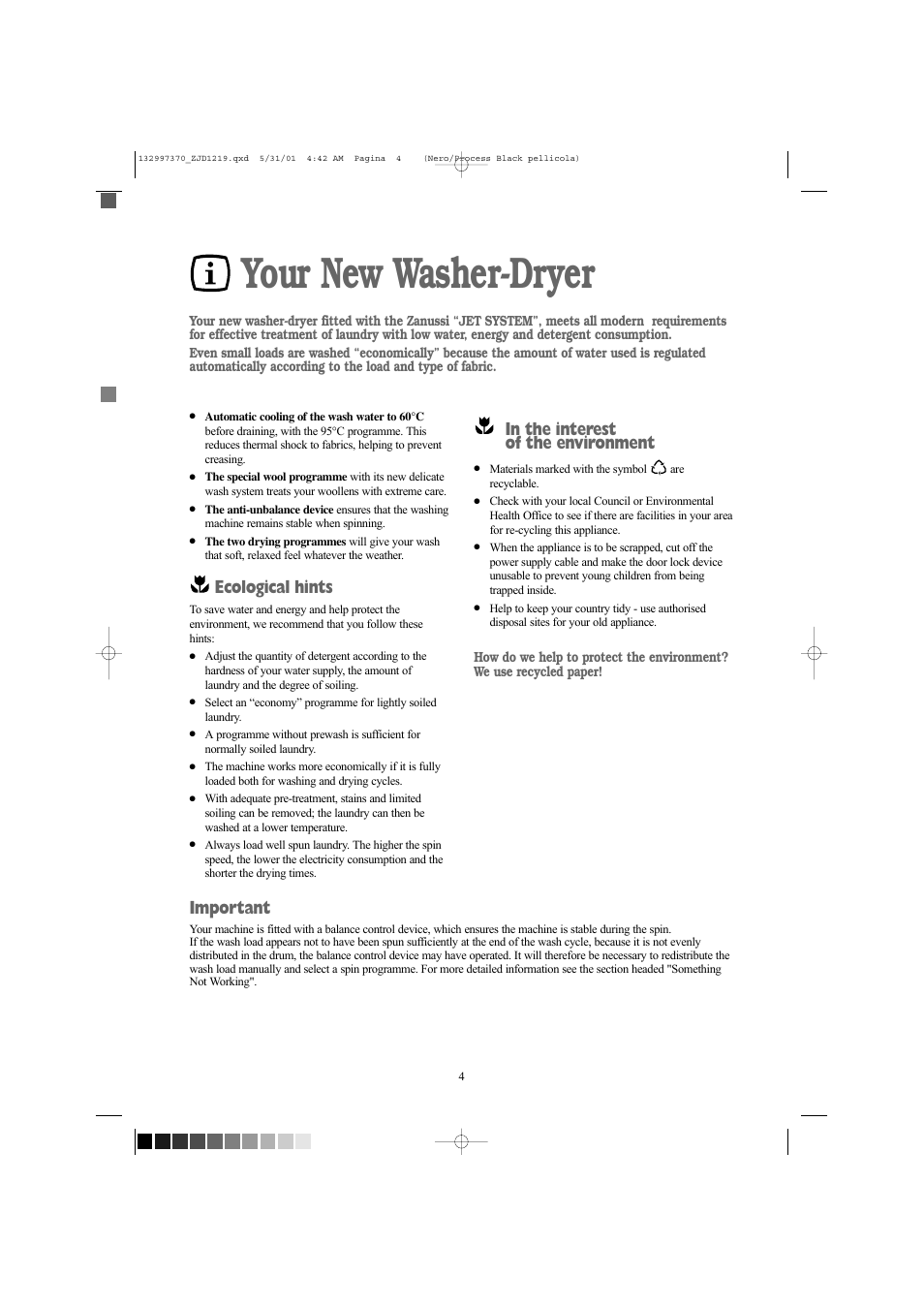 Your new washer-dryer, Ecological hints, Important | Zanussi ZJD1219 User Manual | Page 4 / 34