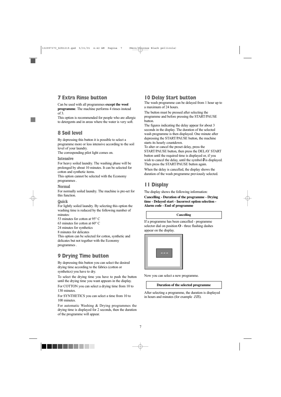 7 extra rinse button, 8 soil level, 9 drying time button | 10 delay start button, 11 display | Zanussi ZJD1219 User Manual | Page 7 / 34