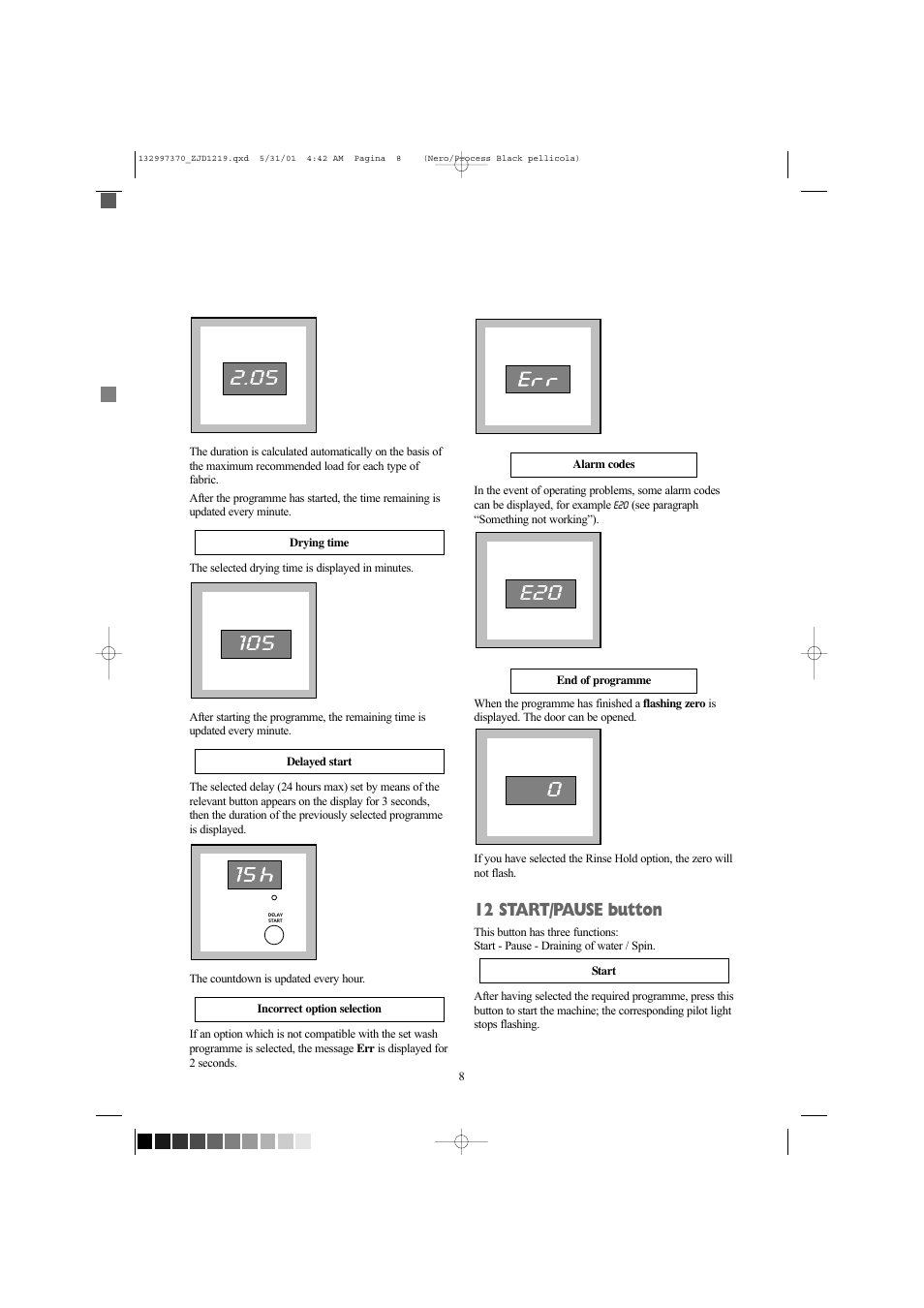 12 start/pause button | Zanussi ZJD1219 User Manual | Page 8 / 34