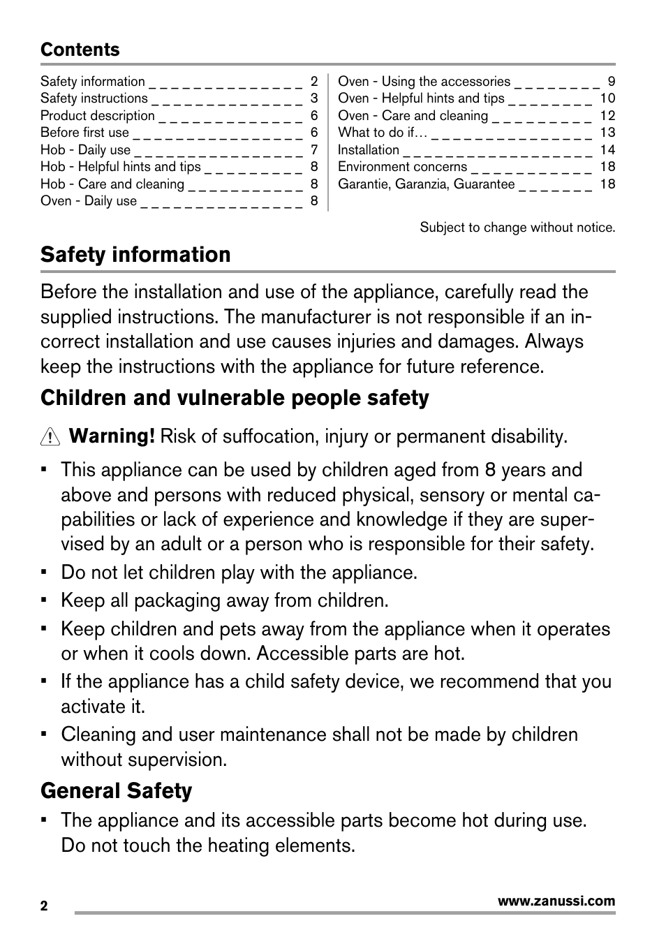 Safety information, Children and vulnerable people safety, General safety | Zanussi ZCG560G User Manual | Page 2 / 20