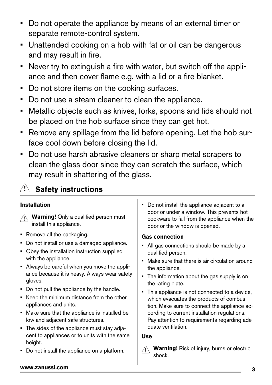 Safety instructions | Zanussi ZCG560G User Manual | Page 3 / 20