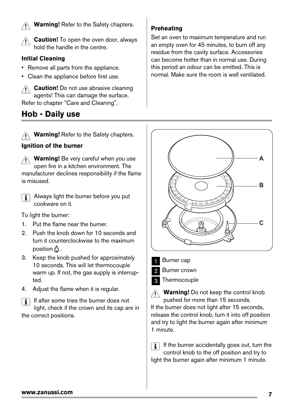 Hob - daily use | Zanussi ZCG560G User Manual | Page 7 / 20