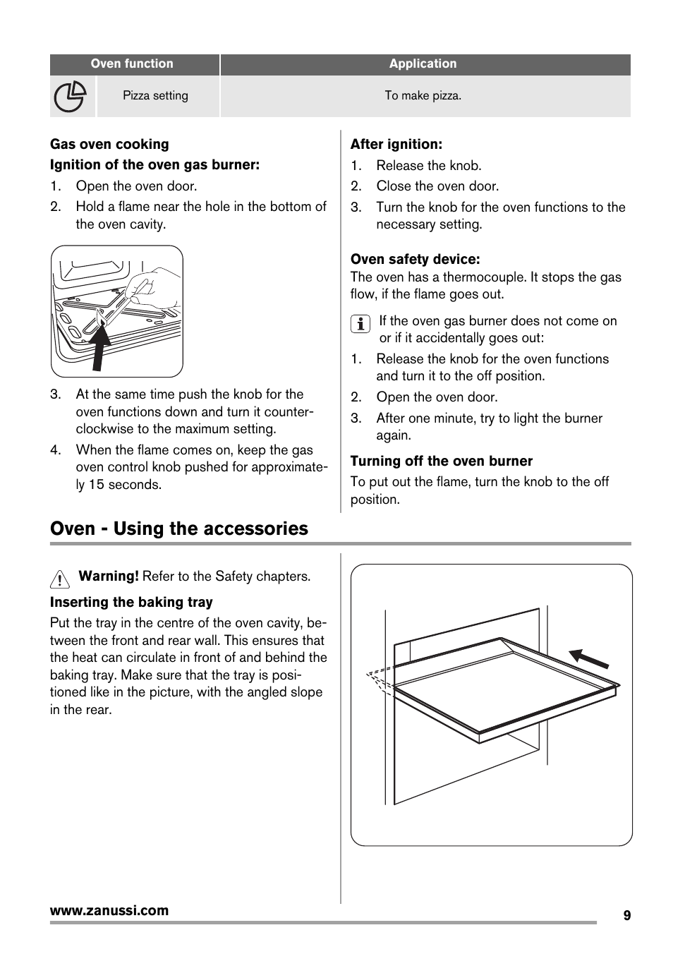 Oven - using the accessories | Zanussi ZCG560G User Manual | Page 9 / 20