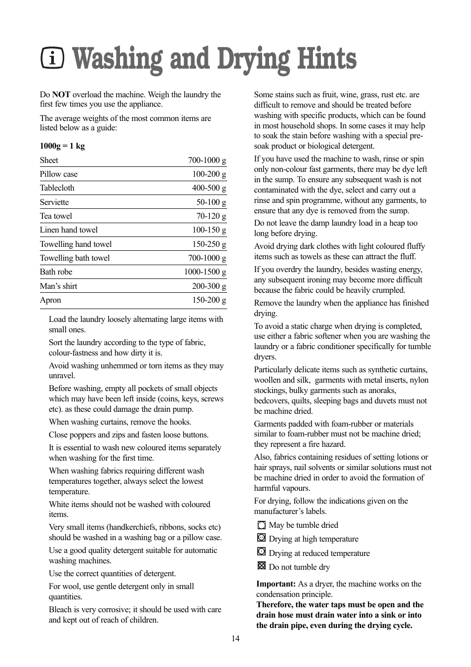 Washing and drying hints | Zanussi jetstream ZJD12191 User Manual | Page 14 / 32