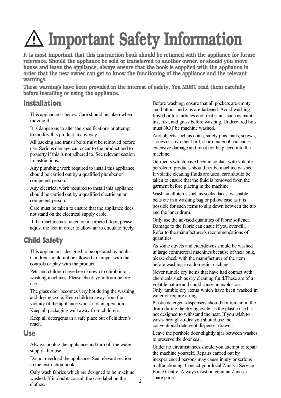 Important safety information, Installation, Child safety | Zanussi jetstream ZJD12191 User Manual | Page 2 / 32
