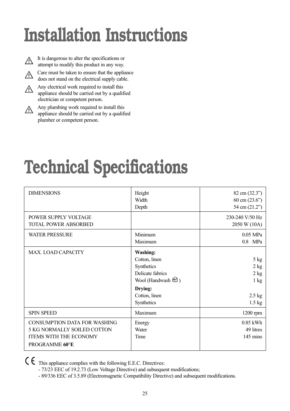 Installation instructions technical specifications | Zanussi jetstream ZJD12191 User Manual | Page 25 / 32