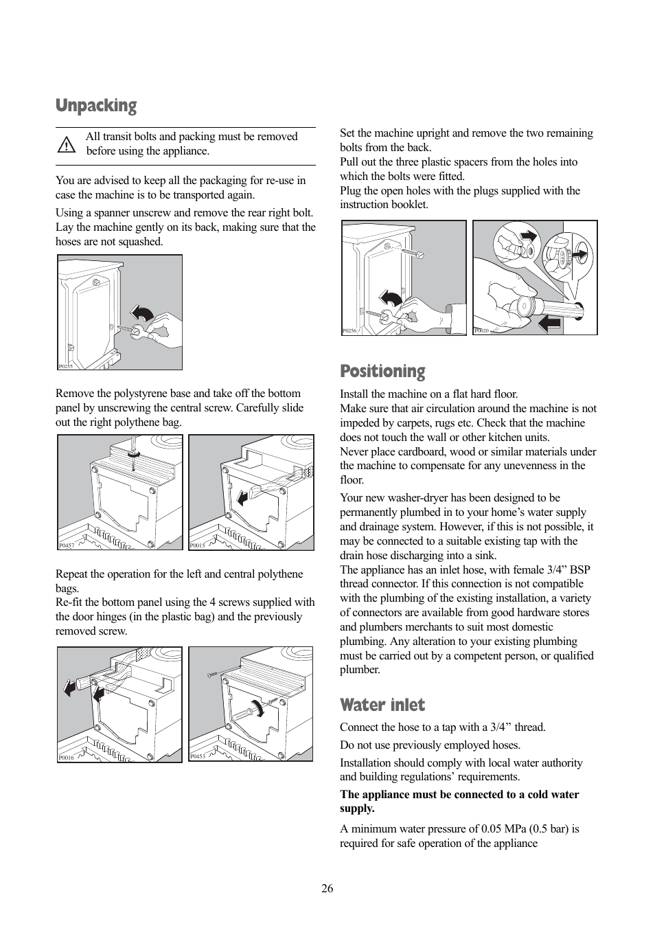 Unpacking, Positioning, Water inlet | Zanussi jetstream ZJD12191 User Manual | Page 26 / 32