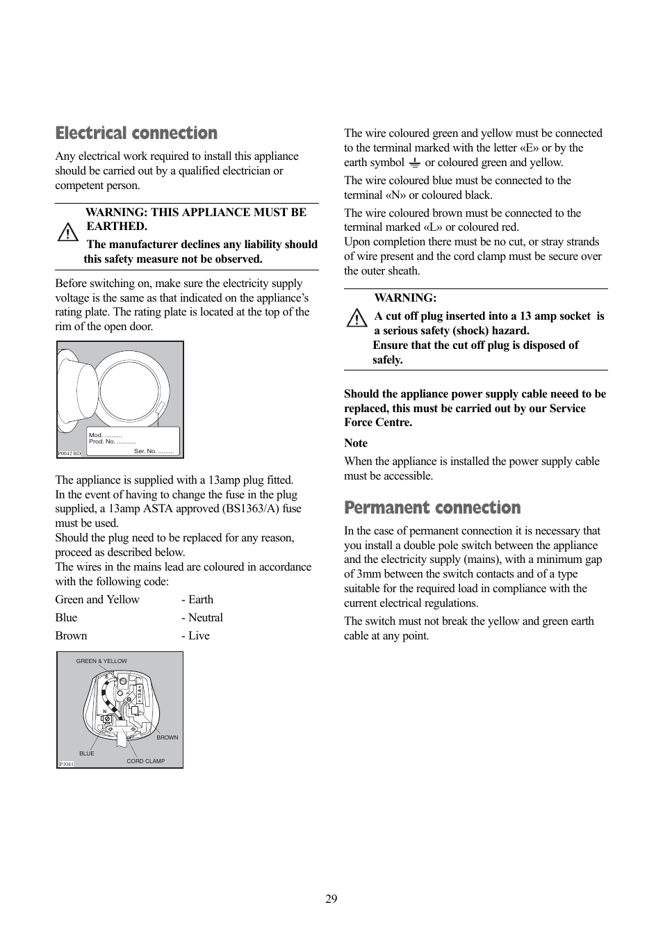 Electrical connection, Permanent connection | Zanussi jetstream ZJD12191 User Manual | Page 29 / 32