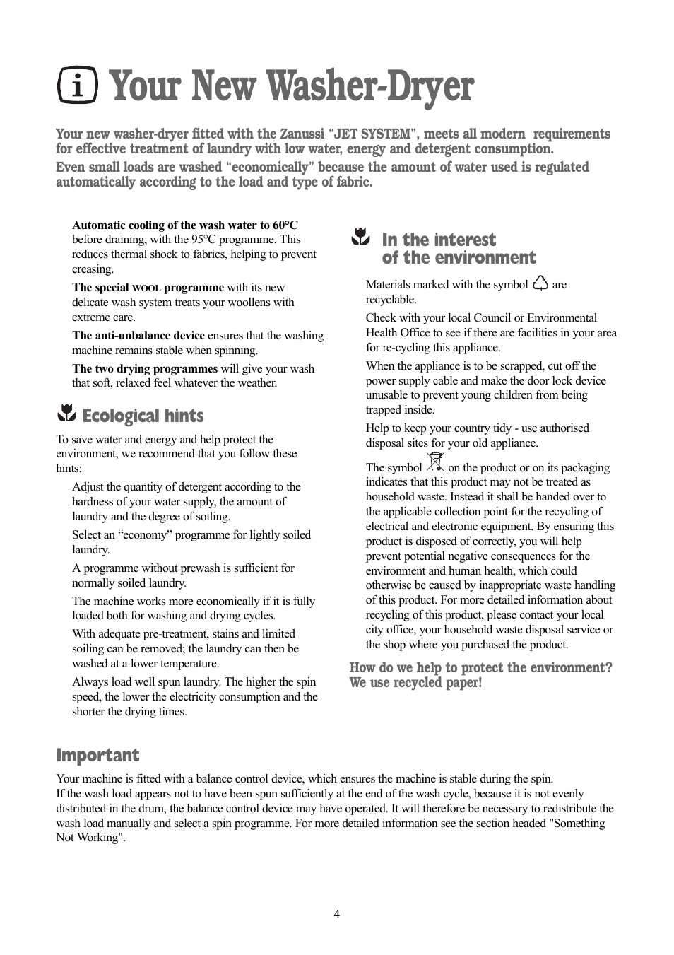 Your new washer-dryer, Ecological hints, Important | Zanussi jetstream ZJD12191 User Manual | Page 4 / 32