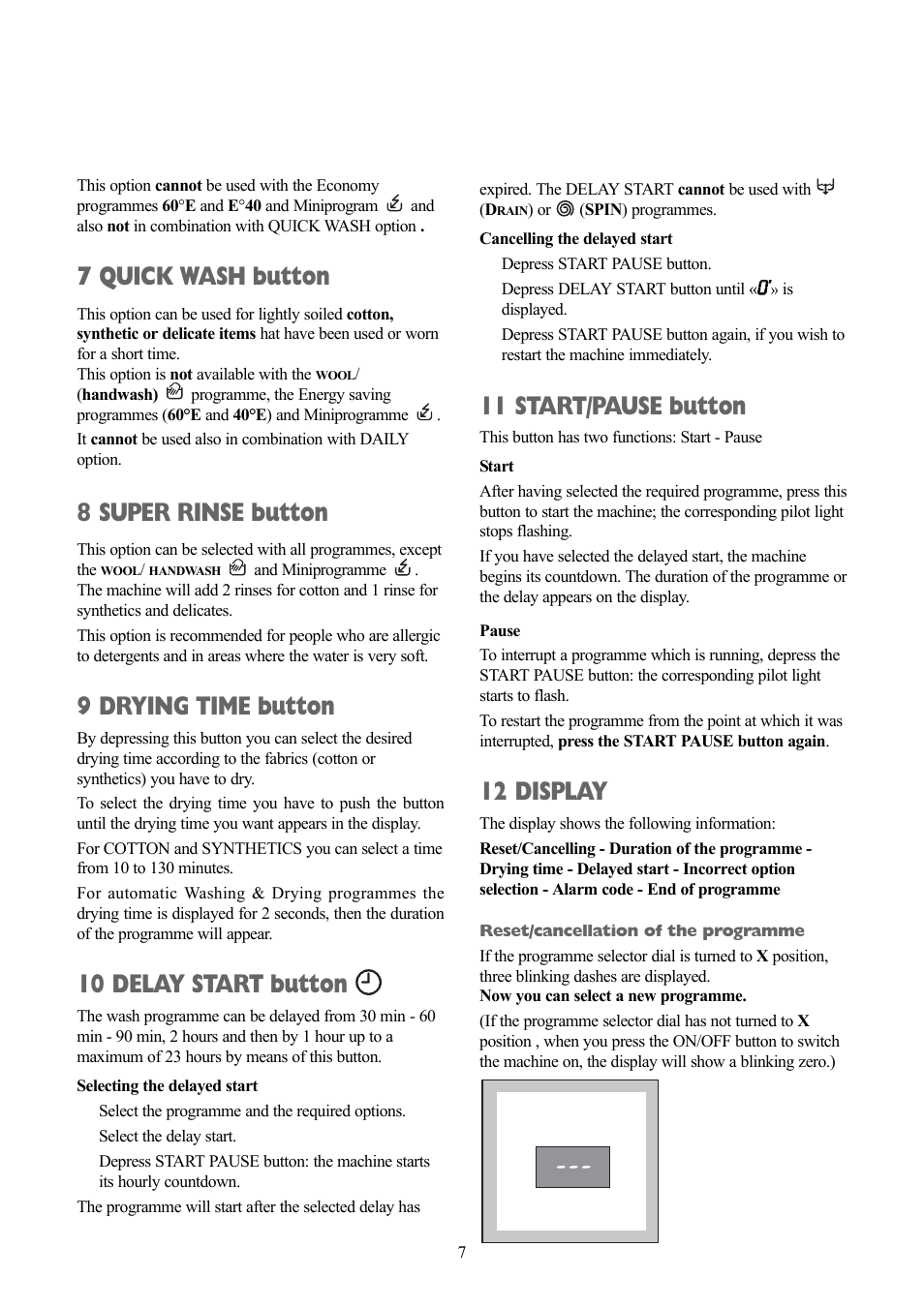 7 quick wash button, 8 super rinse button, 9 drying time button | 10 delay start button, 11 start/pause button, 12 display | Zanussi jetstream ZJD12191 User Manual | Page 7 / 32