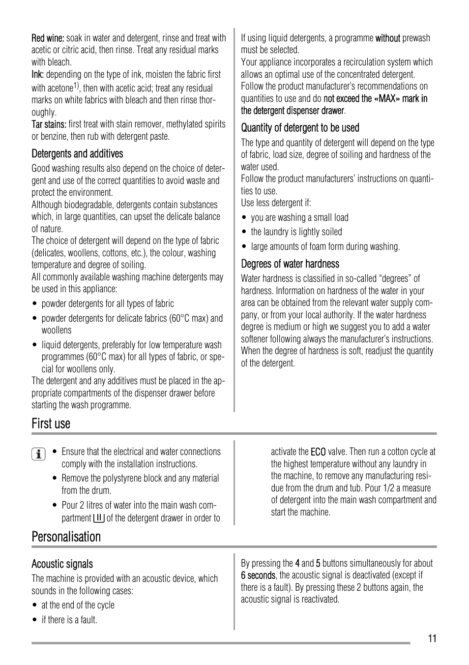 First use, Personalisation | Zanussi ZWFS 7000 User Manual | Page 11 / 28