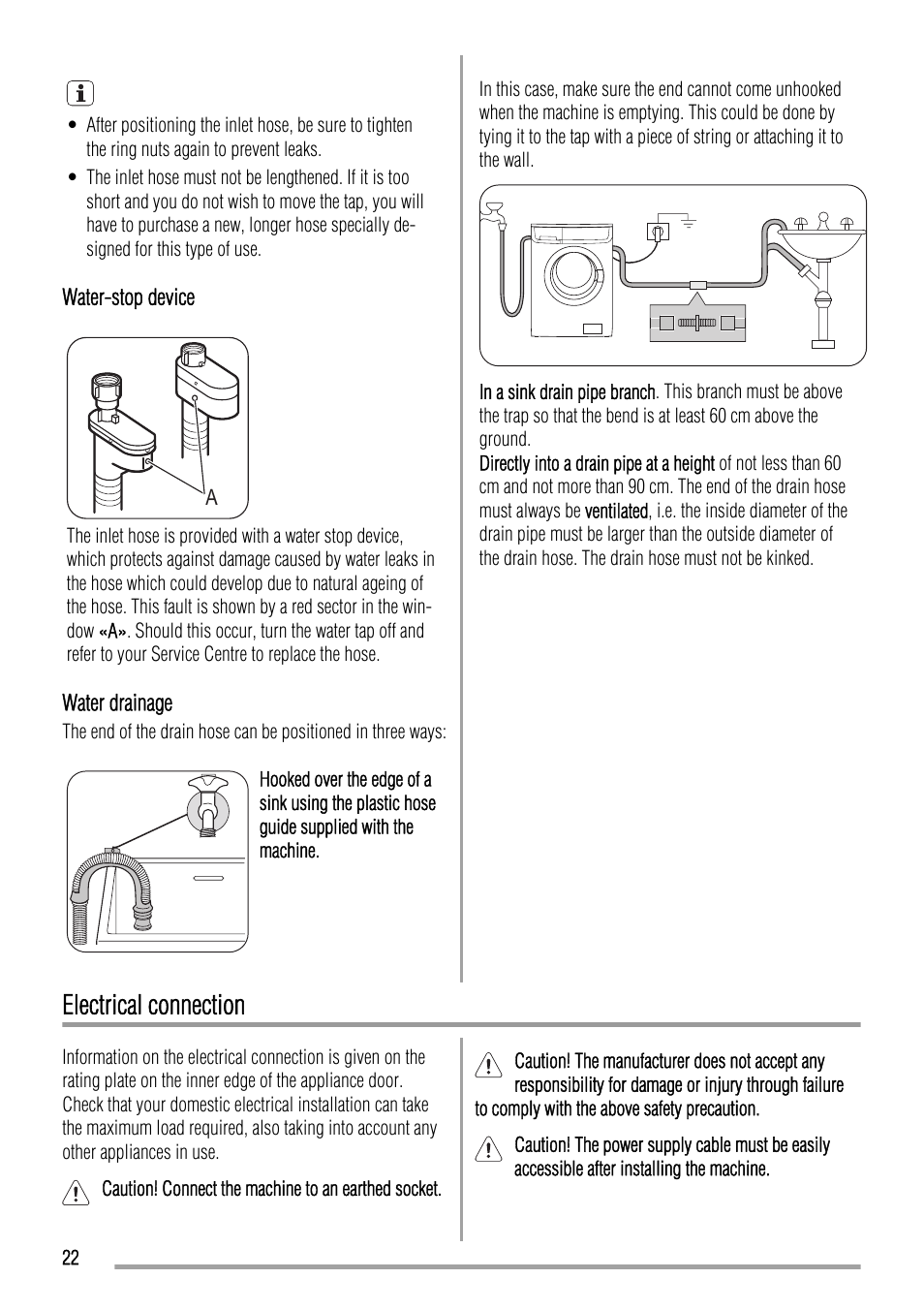 Electrical connection | Zanussi ZWFS 7000 User Manual | Page 22 / 28