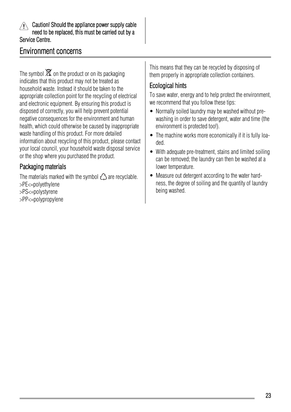 Environment concerns | Zanussi ZWFS 7000 User Manual | Page 23 / 28