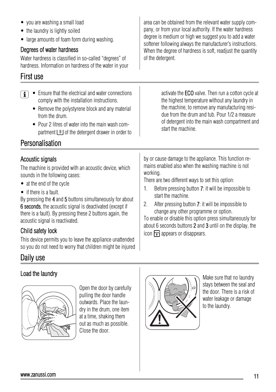 First use, Personalisation, Daily use | Zanussi ZWI 71201 WA User Manual | Page 11 / 28