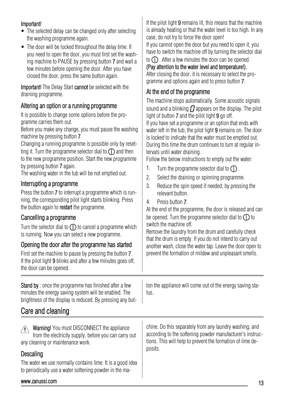 Care and cleaning | Zanussi ZWI 71201 WA User Manual | Page 13 / 28