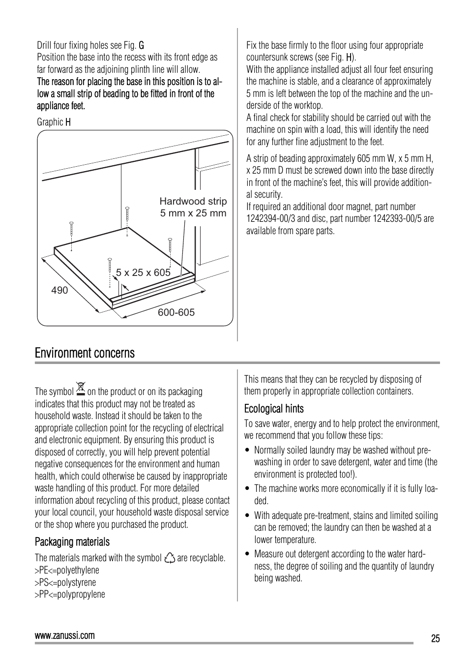 Environment concerns | Zanussi ZWI 71201 WA User Manual | Page 25 / 28