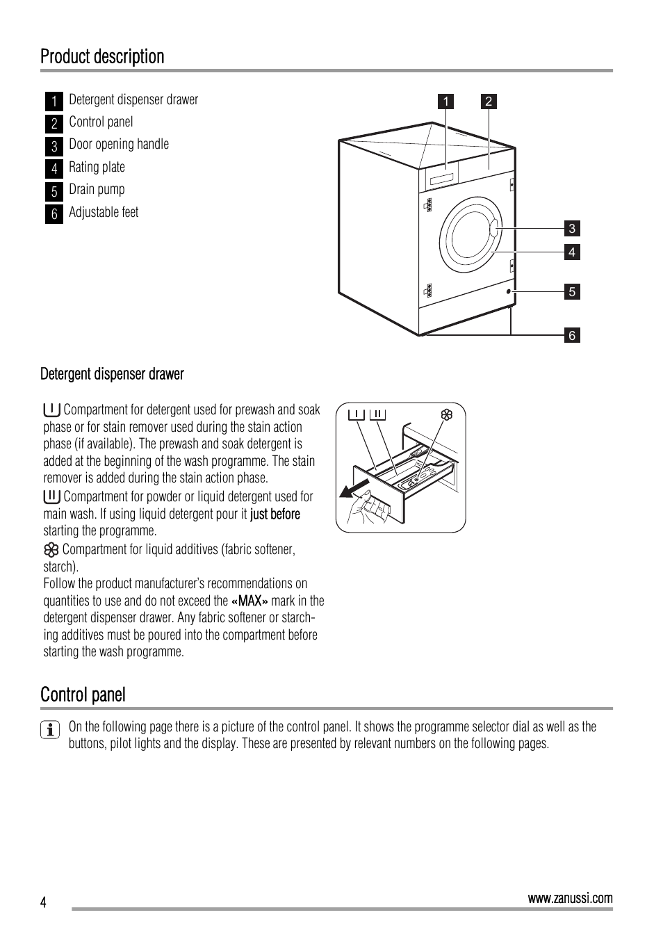 Product description, Control panel | Zanussi ZWI 71201 WA User Manual | Page 4 / 28