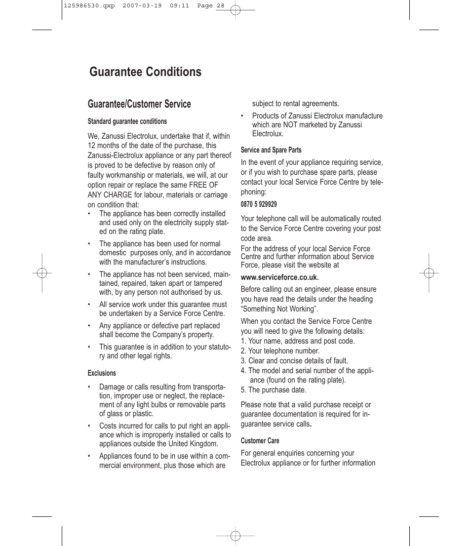 Guarantee conditions, Guarantee/customer service | Zanussi ZDE 57140W User Manual | Page 28 / 31
