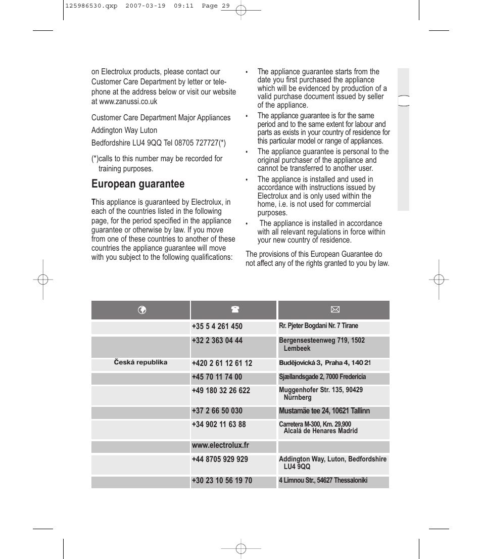 European guarantee | Zanussi ZDE 57140W User Manual | Page 29 / 31