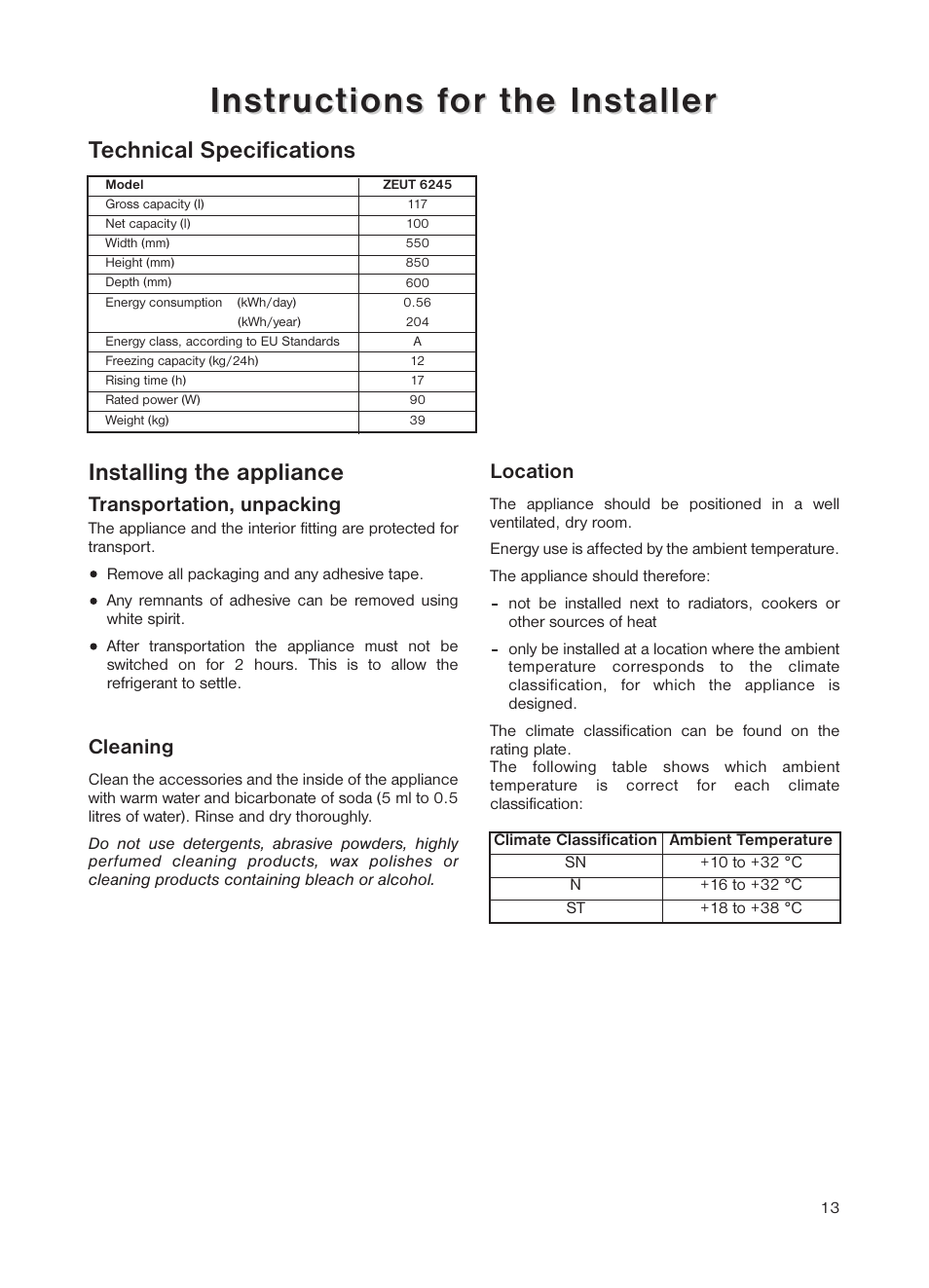 Installing the appliance, Technical specifications | Zanussi ZEUT 6245 User Manual | Page 13 / 16