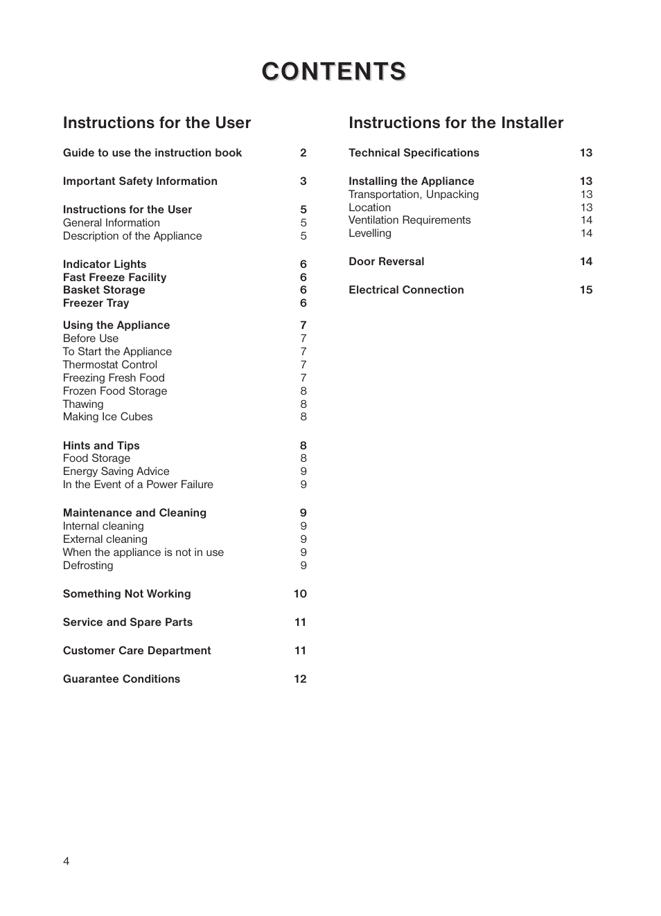 Content ontent s s, Instructions for the user, Instructions for the installer | Zanussi ZEUT 6245 User Manual | Page 4 / 16