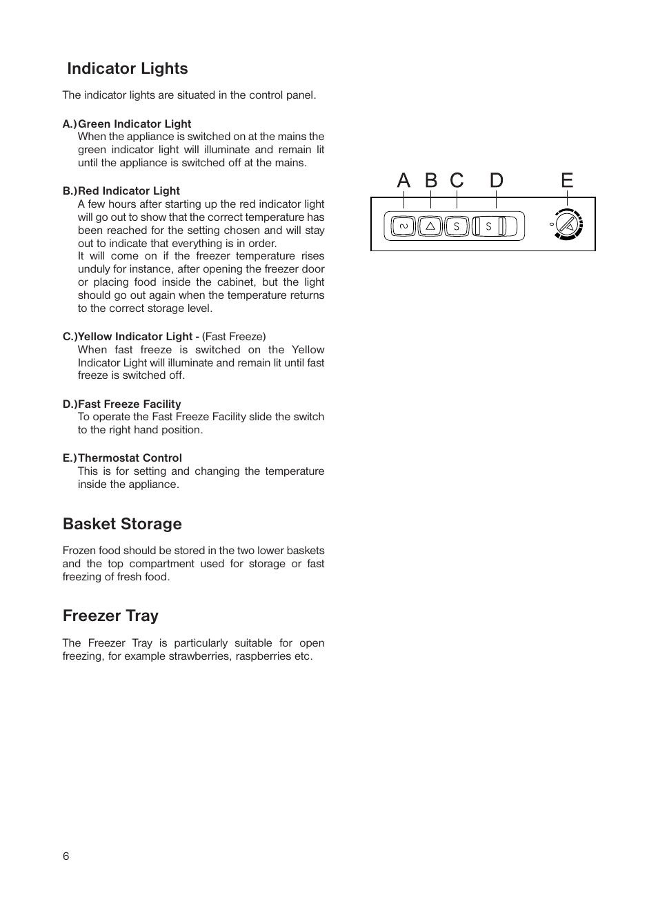 Indicator lights, Basket storage, Freezer tray | Zanussi ZEUT 6245 User Manual | Page 6 / 16