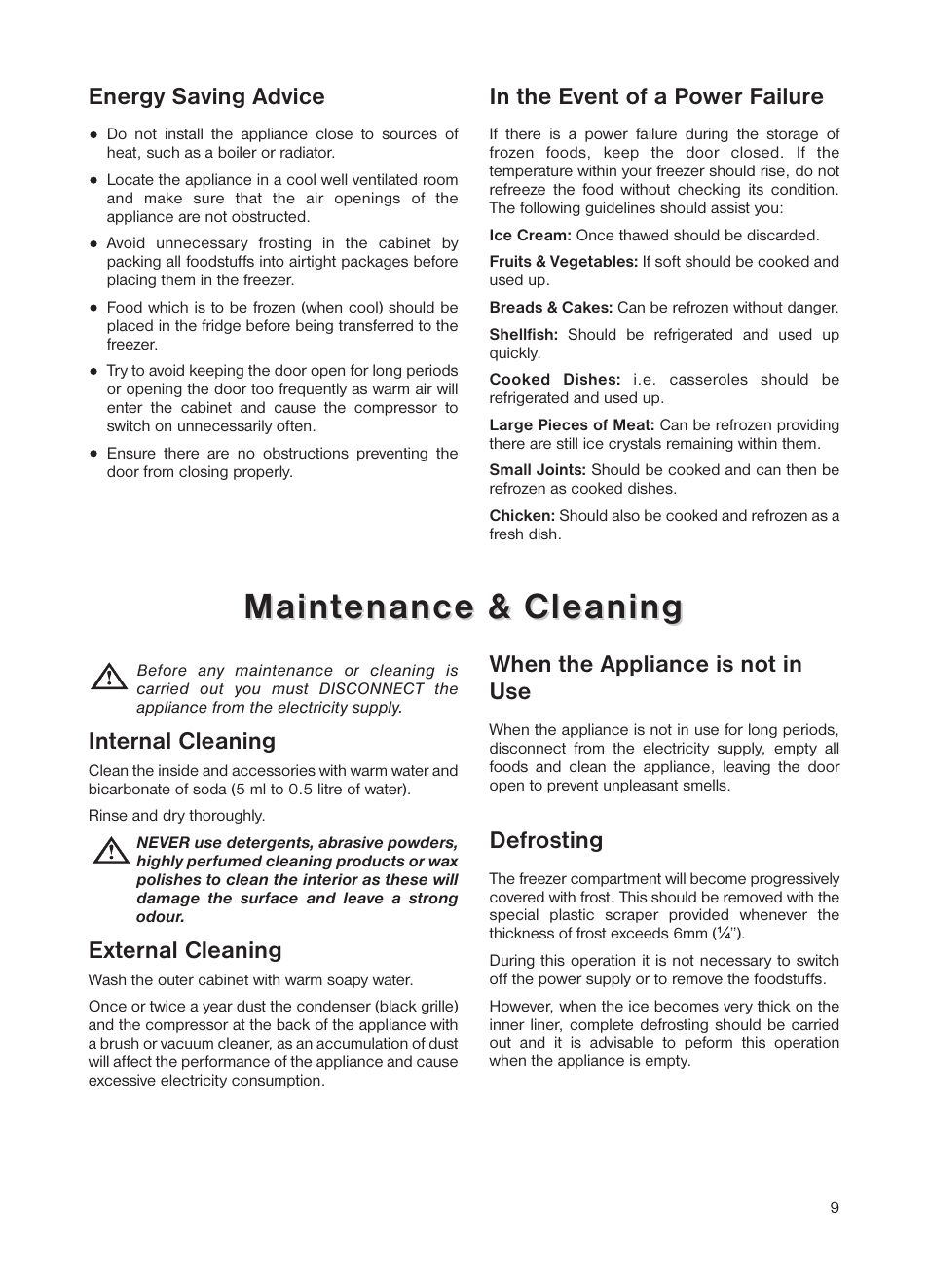 Maint, Maint enance & cleaning enance & cleaning, Energy saving advice | Internal cleaning, External cleaning, When the appliance is not in use, Defrosting | Zanussi ZEUT 6245 User Manual | Page 9 / 16