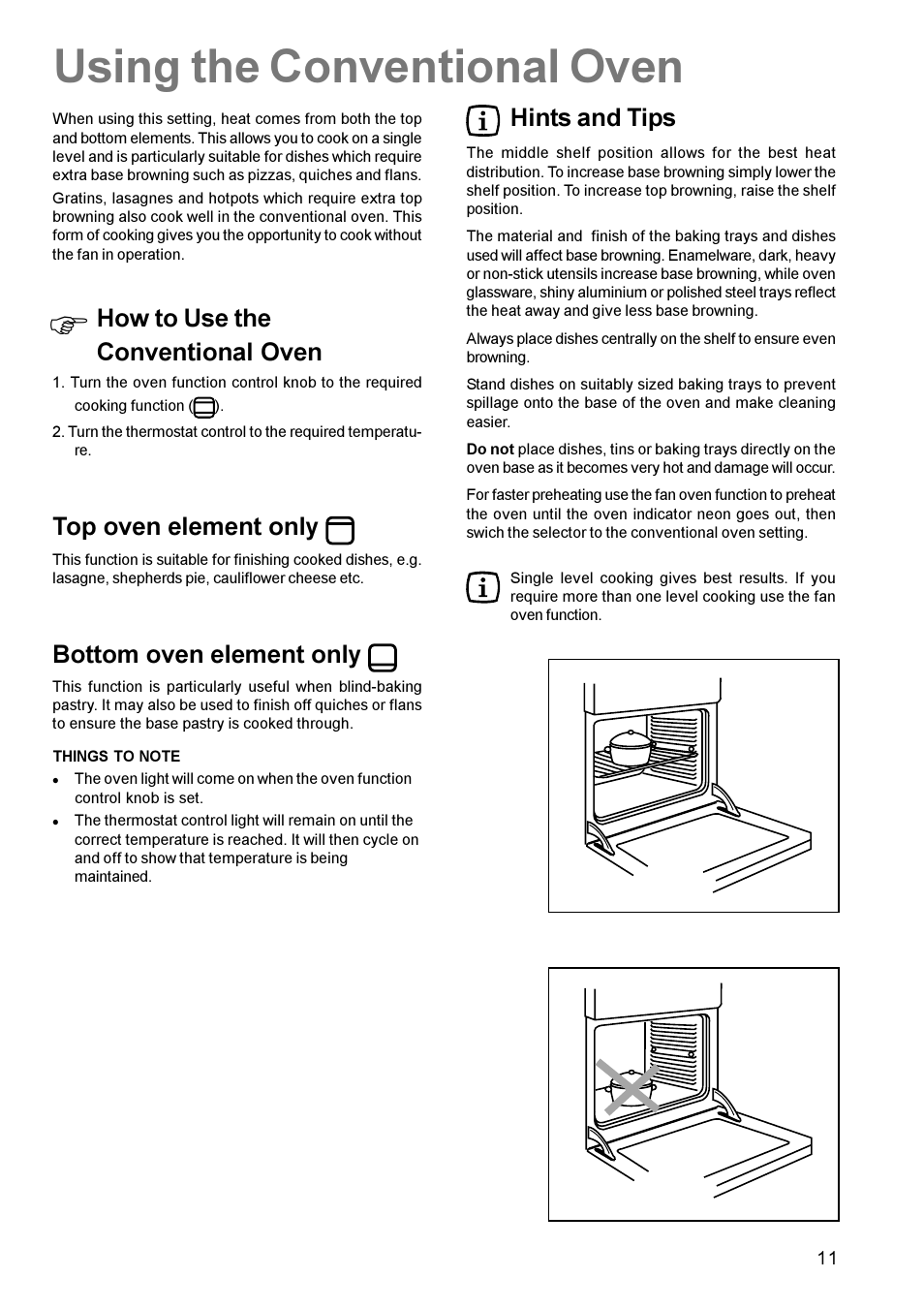 Using the conventional oven, How to use the conventional oven, Top oven element only | Bottom oven element only, Hints and tips | Zanussi ZCE 630 User Manual | Page 11 / 24