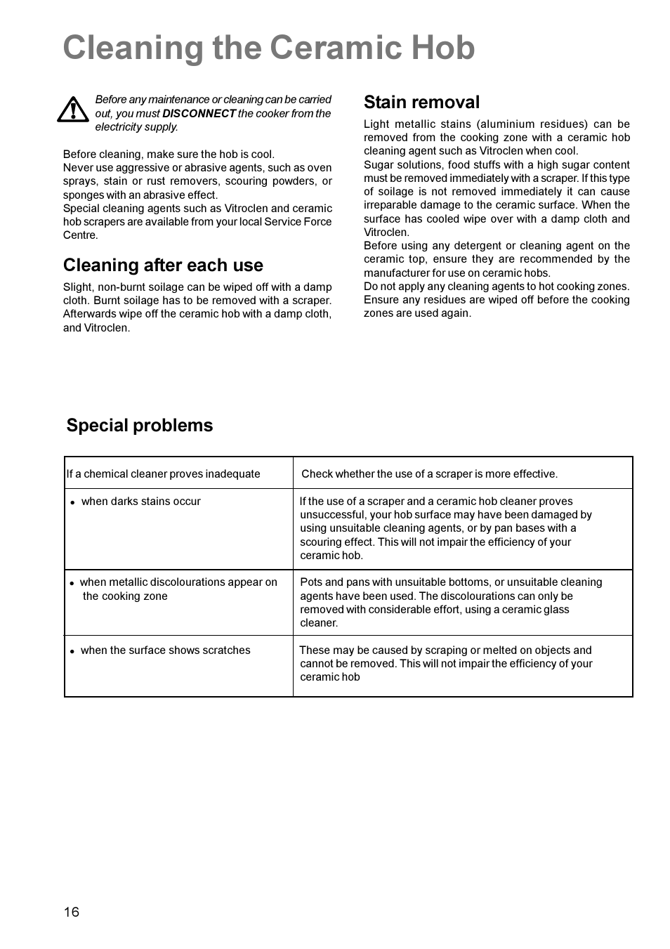 Cleaning the ceramic hob, Cleaning after each use, Stain removal | Special problems | Zanussi ZCE 630 User Manual | Page 16 / 24