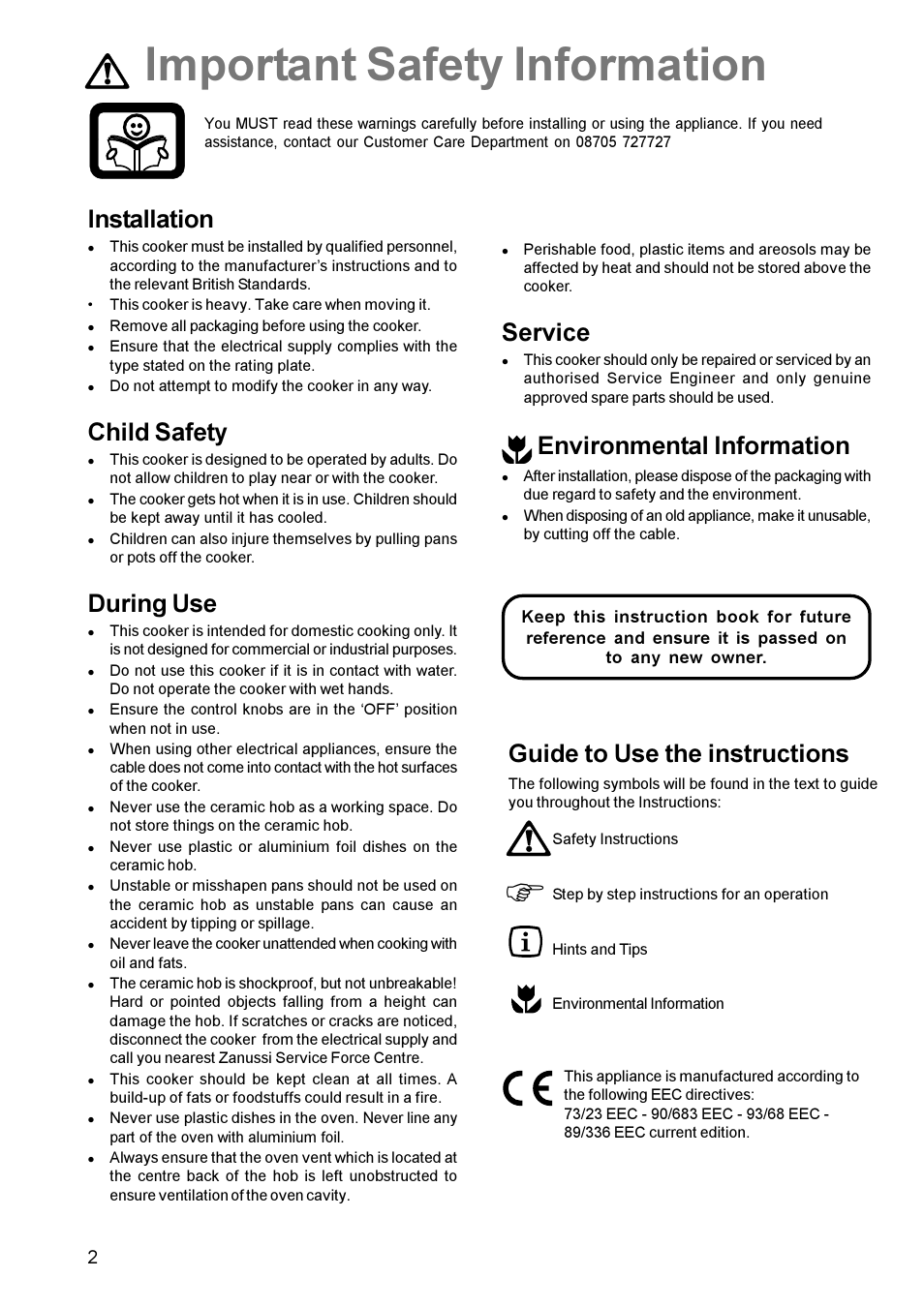 Important safety information, Installation, Child safety | During use, Service, Environmental information, Guide to use the instructions | Zanussi ZCE 630 User Manual | Page 2 / 24