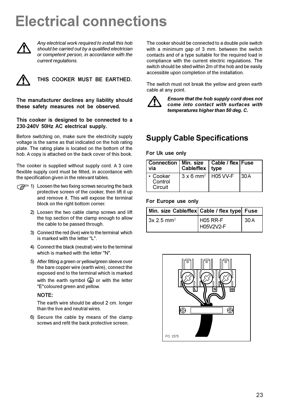 Electrical connections, Supply cable specifications | Zanussi ZCE 630 User Manual | Page 23 / 24