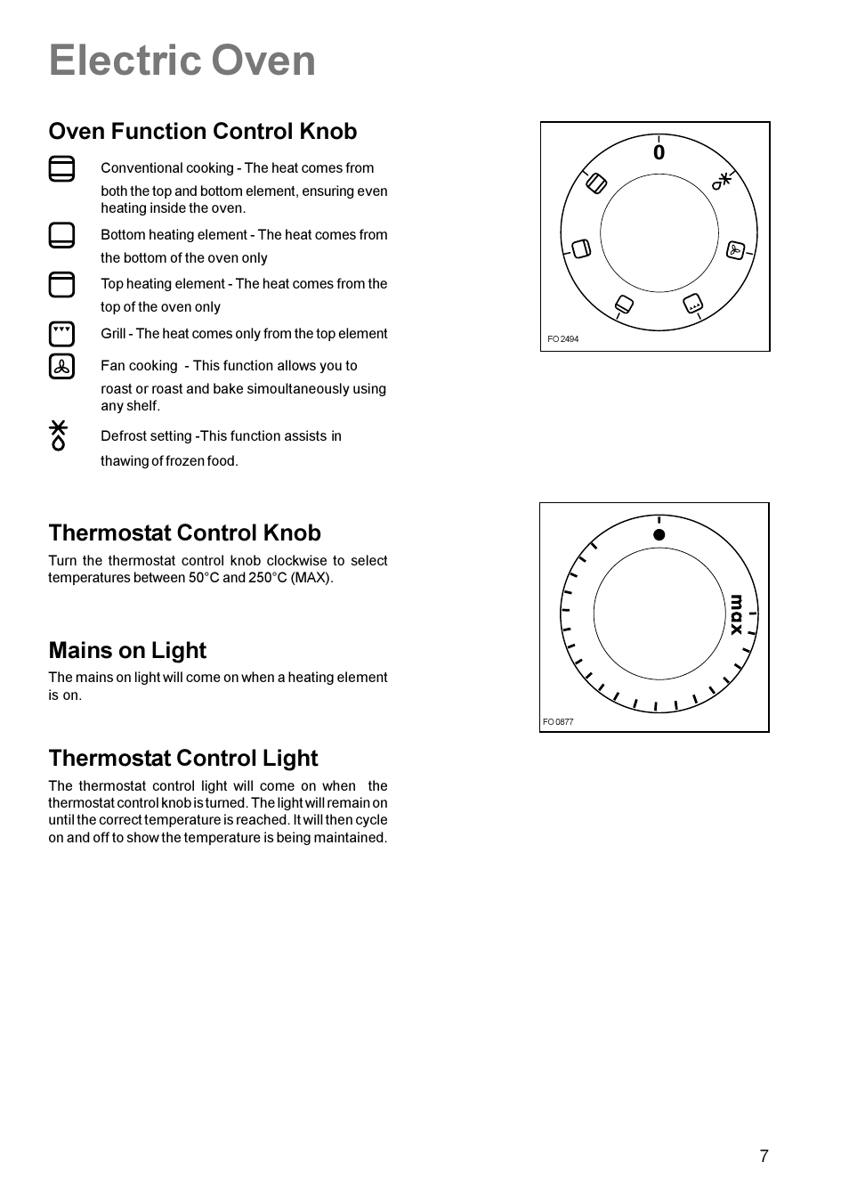 Electric oven, Oven function control knob, Thermostat control knob | Mains on light, Thermostat control light | Zanussi ZCE 630 User Manual | Page 7 / 24