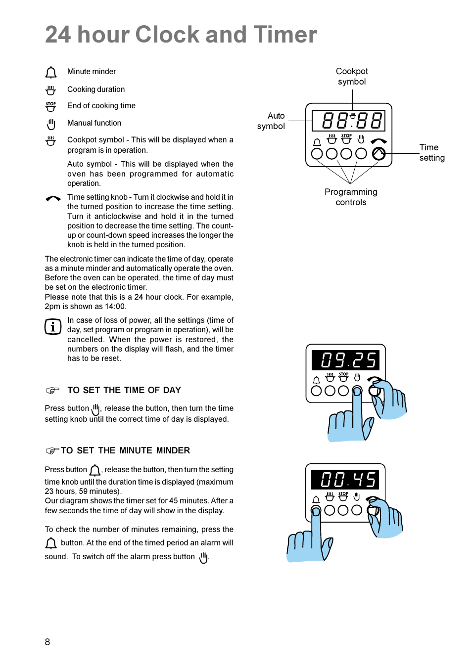 24 hour clock and timer | Zanussi ZCE 630 User Manual | Page 8 / 24