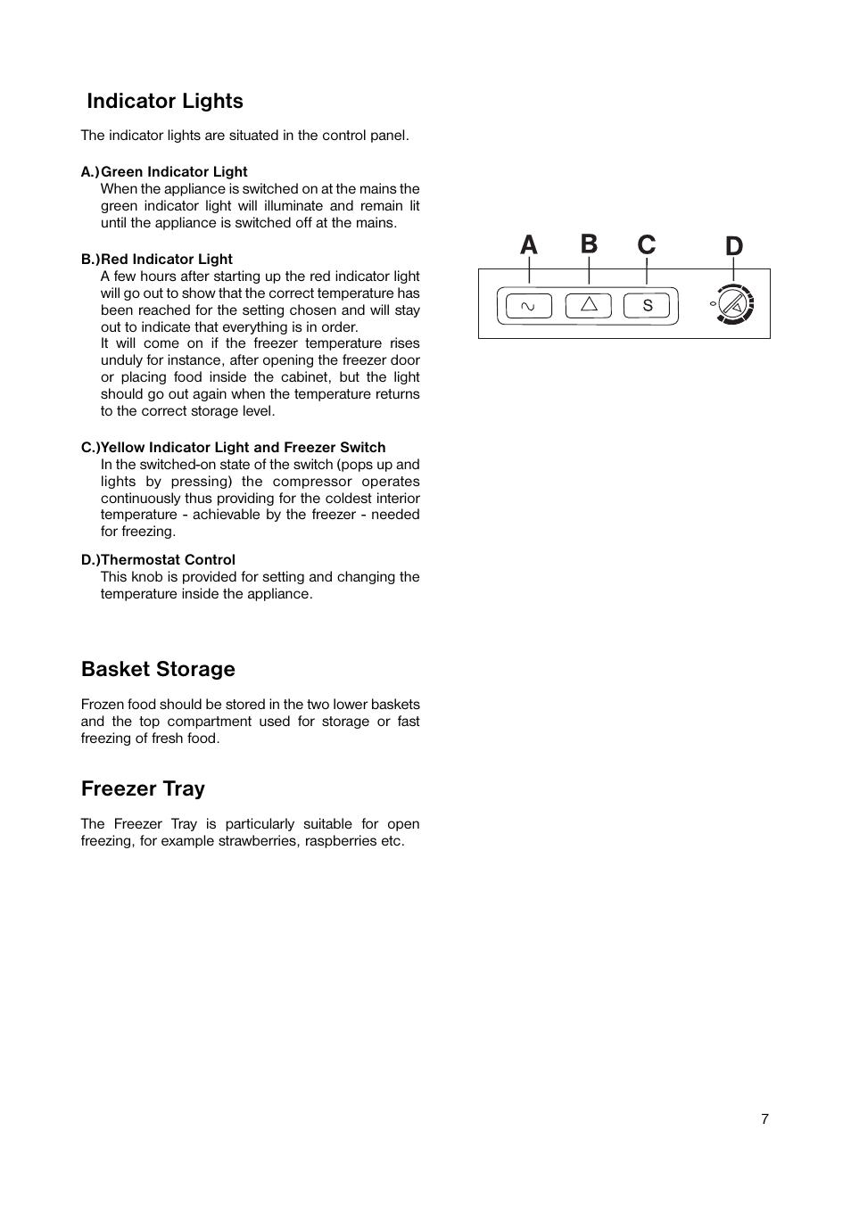 Indicator lights, Basket storage, Freezer tray | Zanussi ZUT 113W User Manual | Page 7 / 20