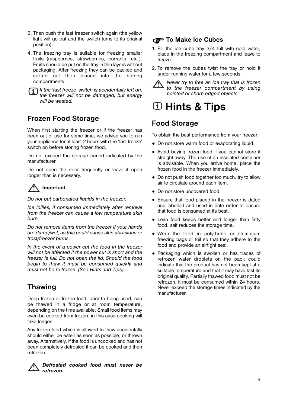 Hints & tips, Frozen food storage, Thawing | Food storage | Zanussi ZUT 113W User Manual | Page 9 / 20