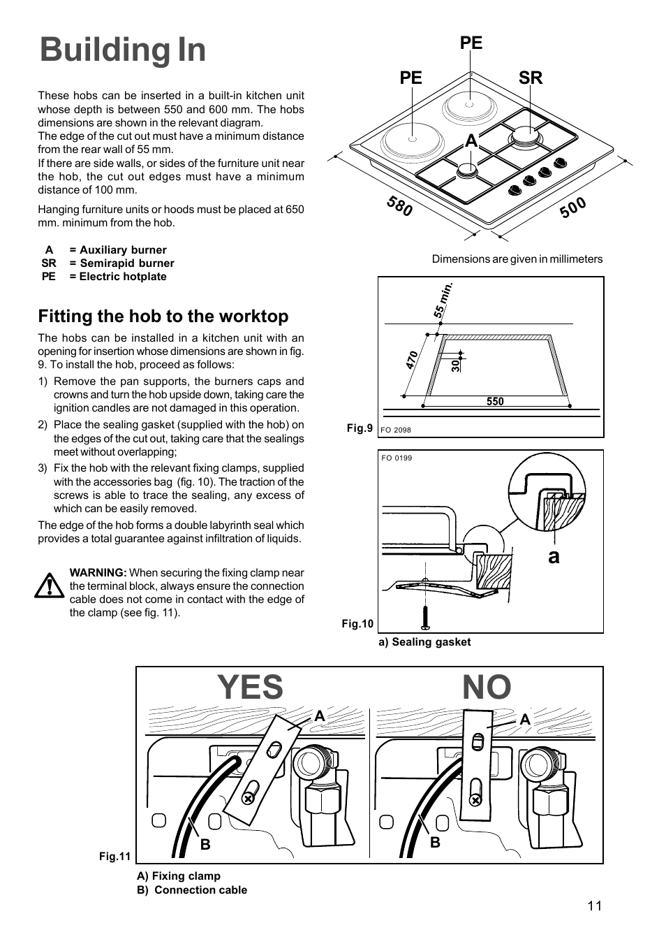 Building in, Yes no, Fitting the hob to the worktop | Pe sr pe a | Zanussi ZXS 646 IT User Manual | Page 11 / 16