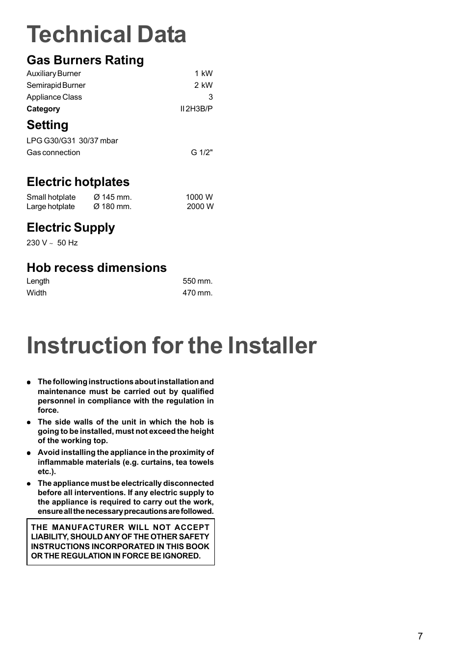 Technical data instruction for the installer, Gas burners rating, Setting | Electric hotplates, Electric supply, Hob recess dimensions | Zanussi ZXS 646 IT User Manual | Page 7 / 16
